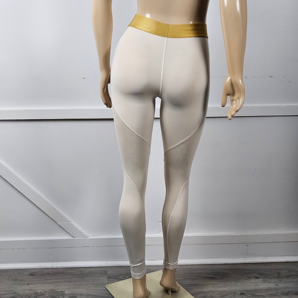 Nike Pro Dri-FIT Womens Leggings Cream Gold Metallic Waistband Mesh Panels Small - Picture 5 of 8